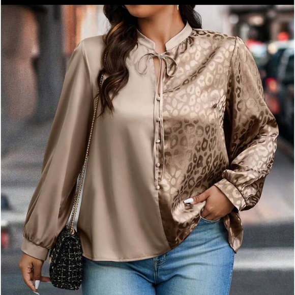 Classic Elegant Two Tone Leopard Print Top Blouse Shirt Blue - Picture 11 of 16